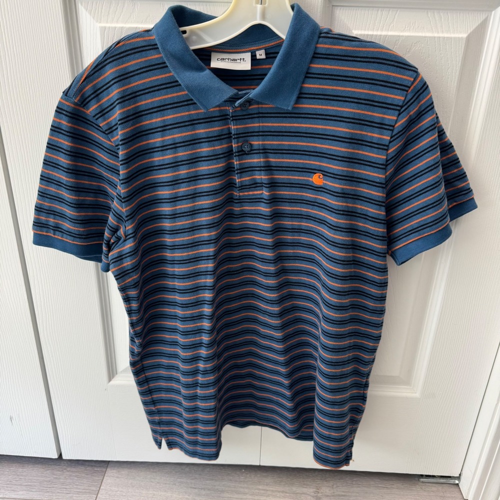 Carhartt WIP Mens Striped Polo Shirt Blue Orange Black Pique Knit Medium